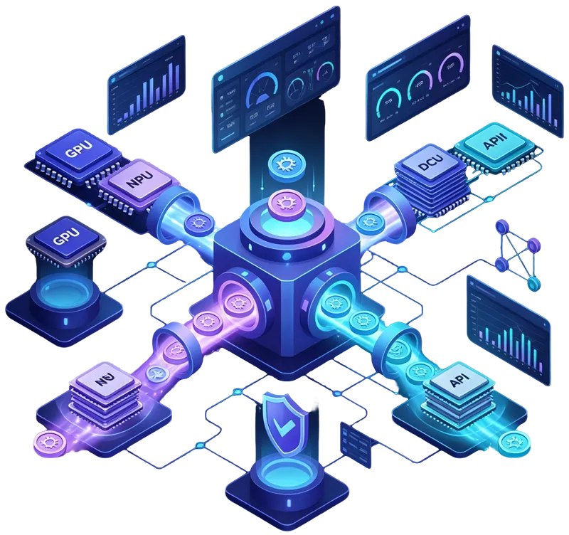 GPU, NPU ve DCU hızlandırıcılarını API token akışına dönüştüren yapay zekâ token fabrikası illüstrasyonu
