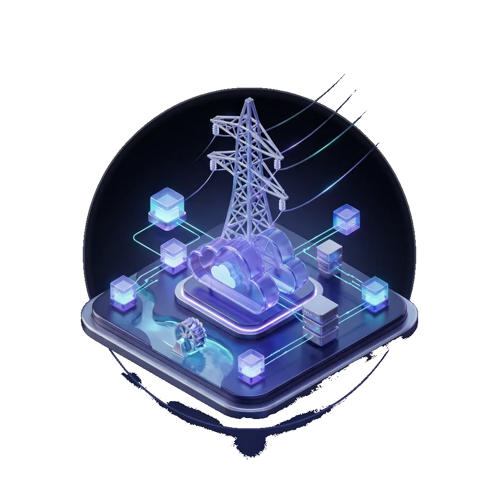 Elektrik iletim direği ile birleştirilmiş, sunucu ve konteyner düğümleri ile küçük bir hidroelektrik türbini içeren bir bulut platformunun parlayan amblemi; kenar bulut ve veri merkezi iş birliğini simgeleyen bir halka ile çevrelenmiş