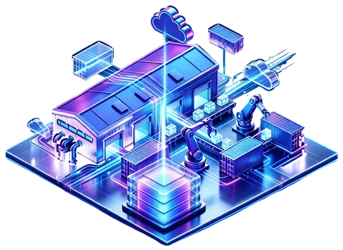 Robot kolları ve veri akışlarıyla birleşen bulut yerel konteynerleri içeren akıllı fabrikanın parlayan izometrik amblemi; açık bulut platformunu simgeleyen bir halka ile çevrelenmiş